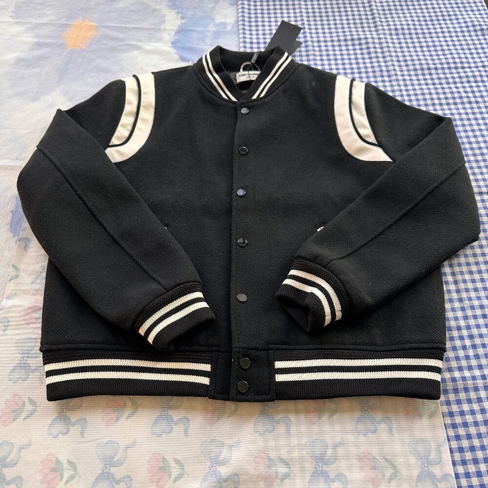 Saint Laurent Wool-Blend Baseball Jacket, Black